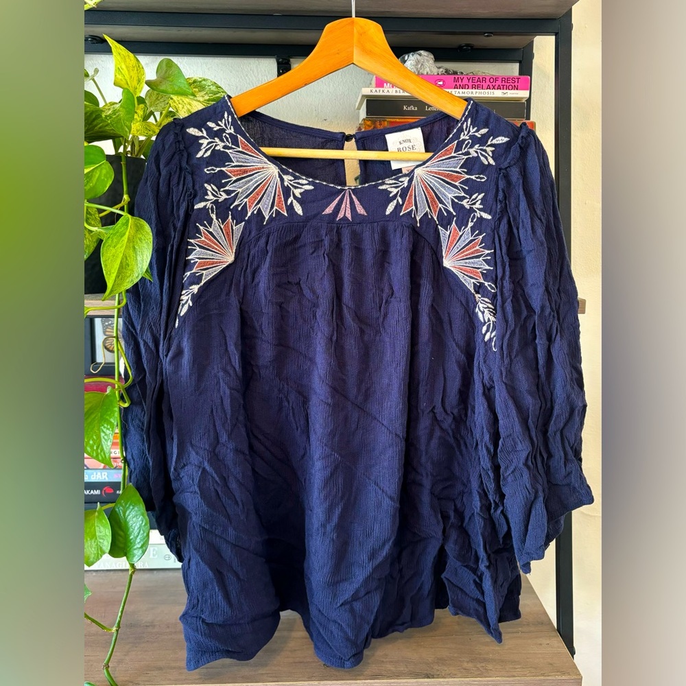 Stylized Boho Blouse in Navy With Embroidery Details (Plus Size Friendly)